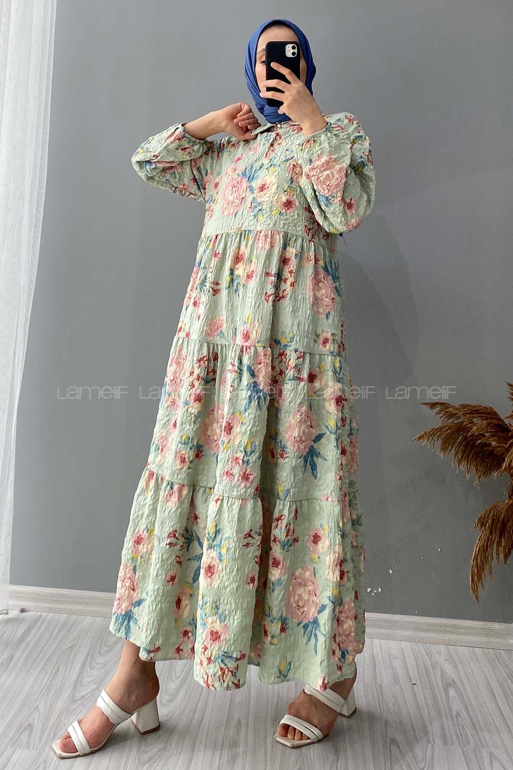 Modalamelif Gömlek Yaka Çiçek Desenli Elbise Yeşil