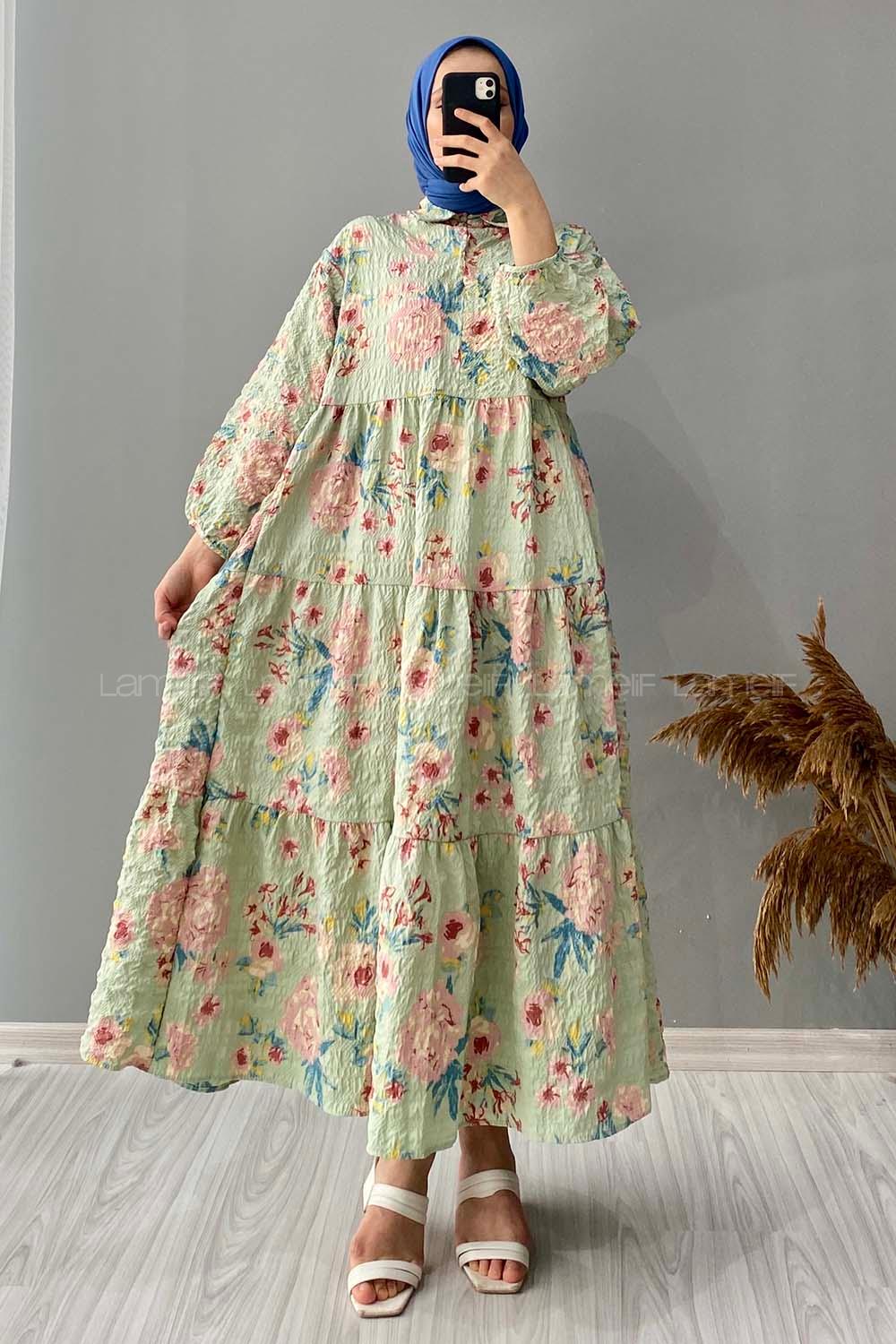 Modalamelif Gömlek Yaka Çiçek Desenli Elbise Yeşil