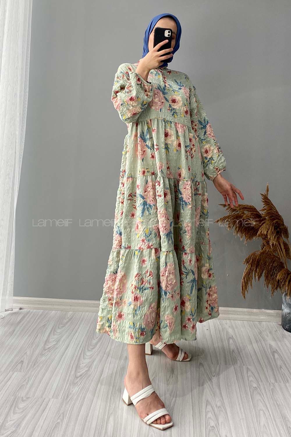 Modalamelif Gömlek Yaka Çiçek Desenli Elbise Yeşil