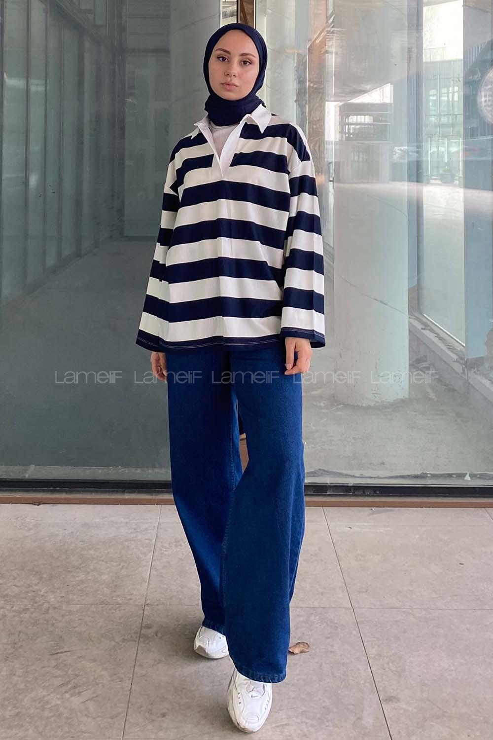 Modalamelif Gömlek Yaka Çizgili Sweatshirt Lacivert