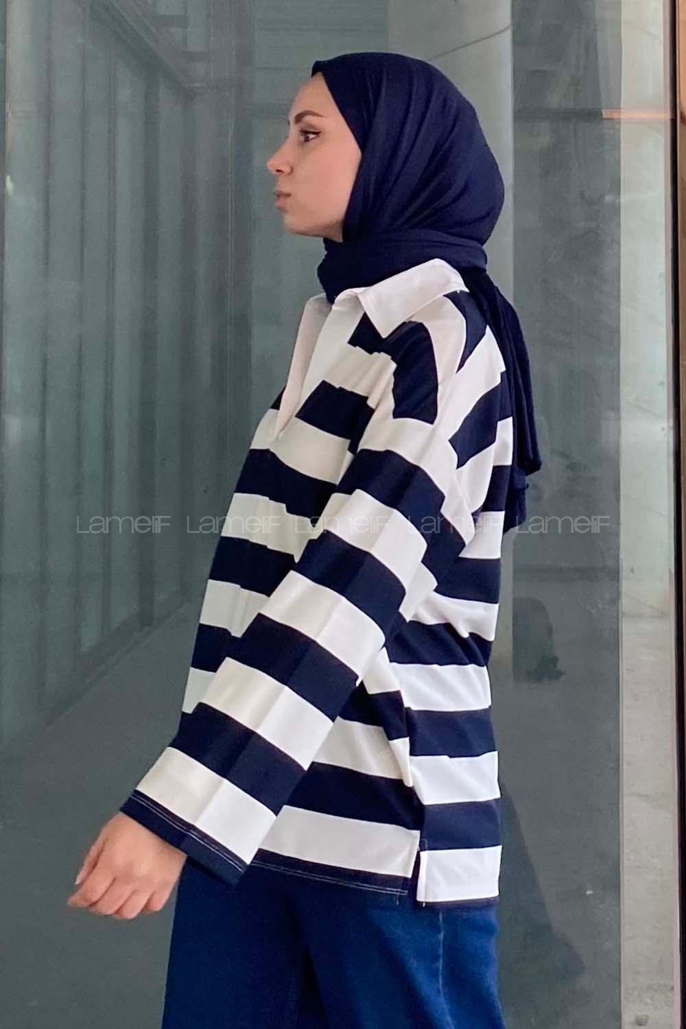 Modalamelif Gömlek Yaka Çizgili Sweatshirt Lacivert