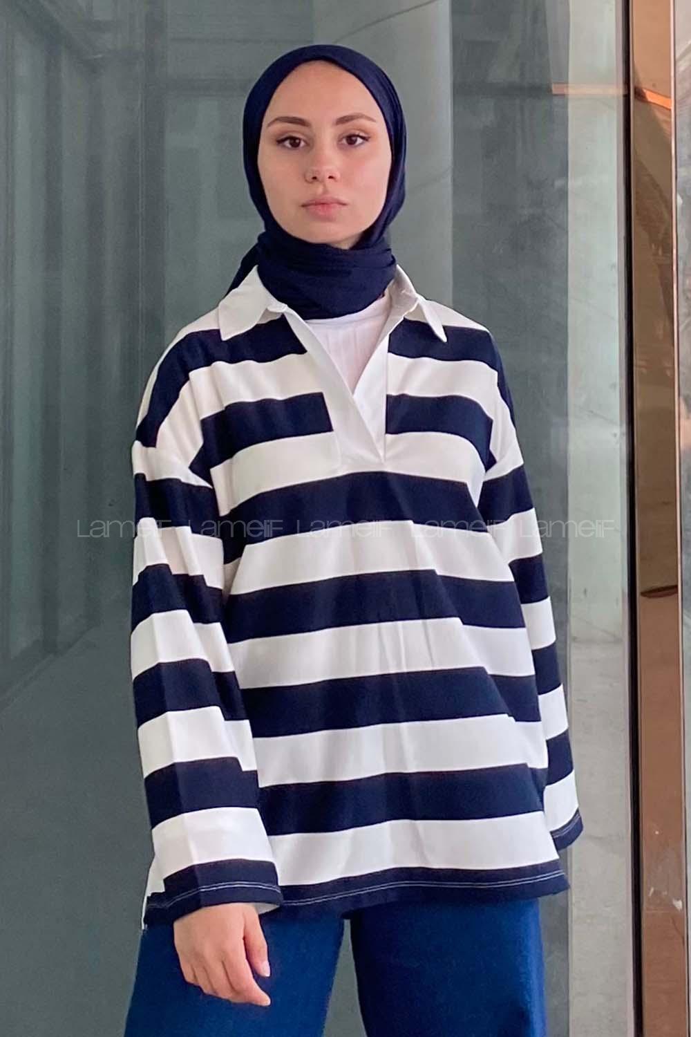 Modalamelif Gömlek Yaka Çizgili Sweatshirt Lacivert