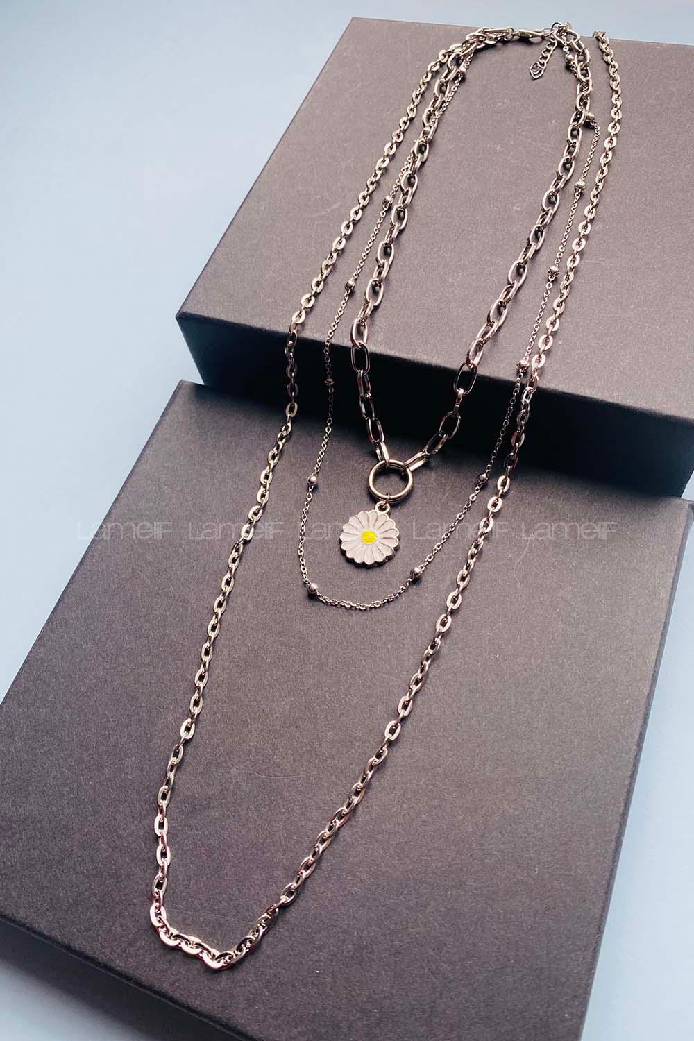 Modalamelif Gümüş 3lü Zincir Papatya Kolye