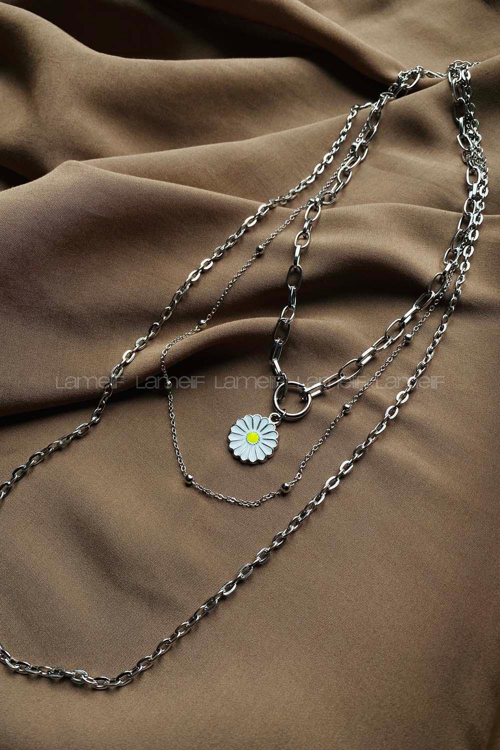 Modalamelif Gümüş 3lü Zincir Papatya Kolye