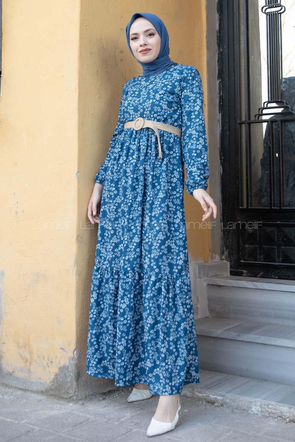 Modalamelif Hasır Kemerli Minimal Papatya Elbise İndigo