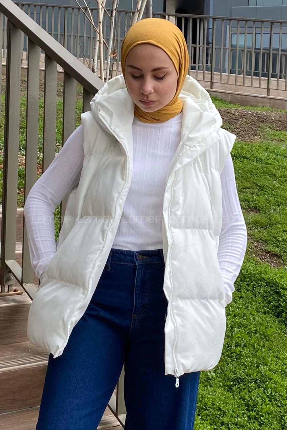 Modalamelif Kapşonlu Şişme Yelek Ekru
