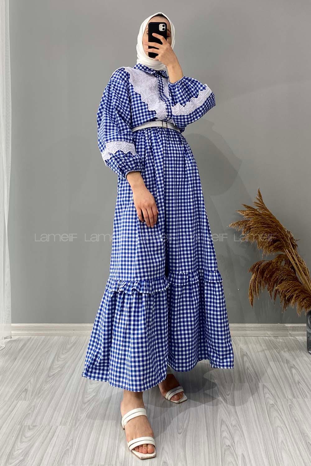 Modalamelif Kemerli Ekose Desen Elbise Saks Mavisi