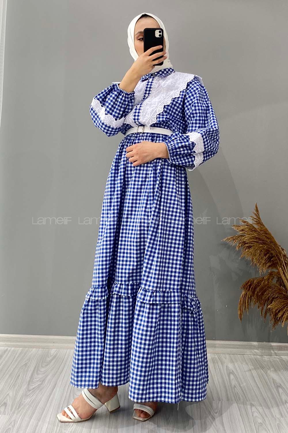 Modalamelif Kemerli Ekose Desen Elbise Saks Mavisi