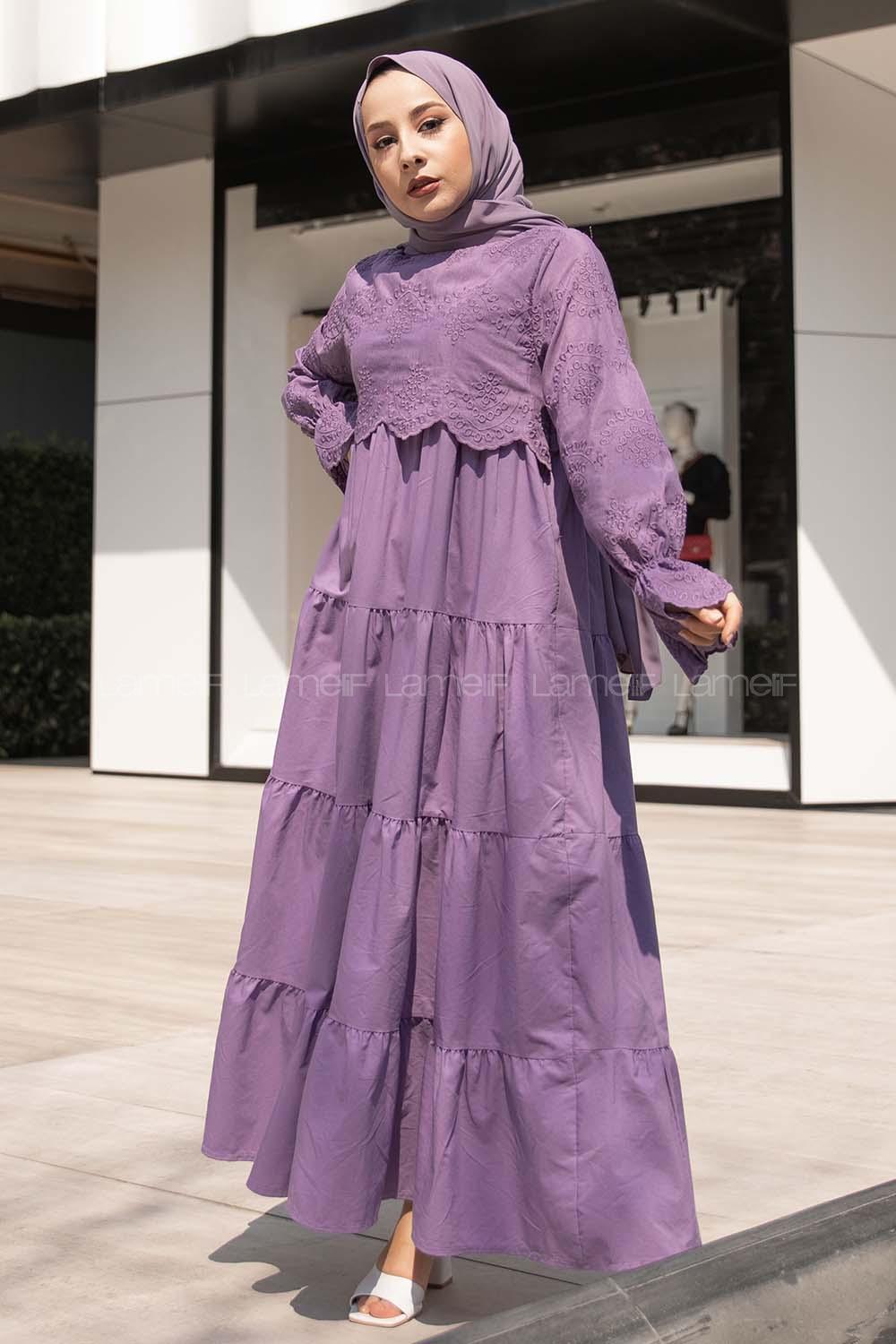 Modalamelif Kol Lastik Nakışlı Elbise Mor