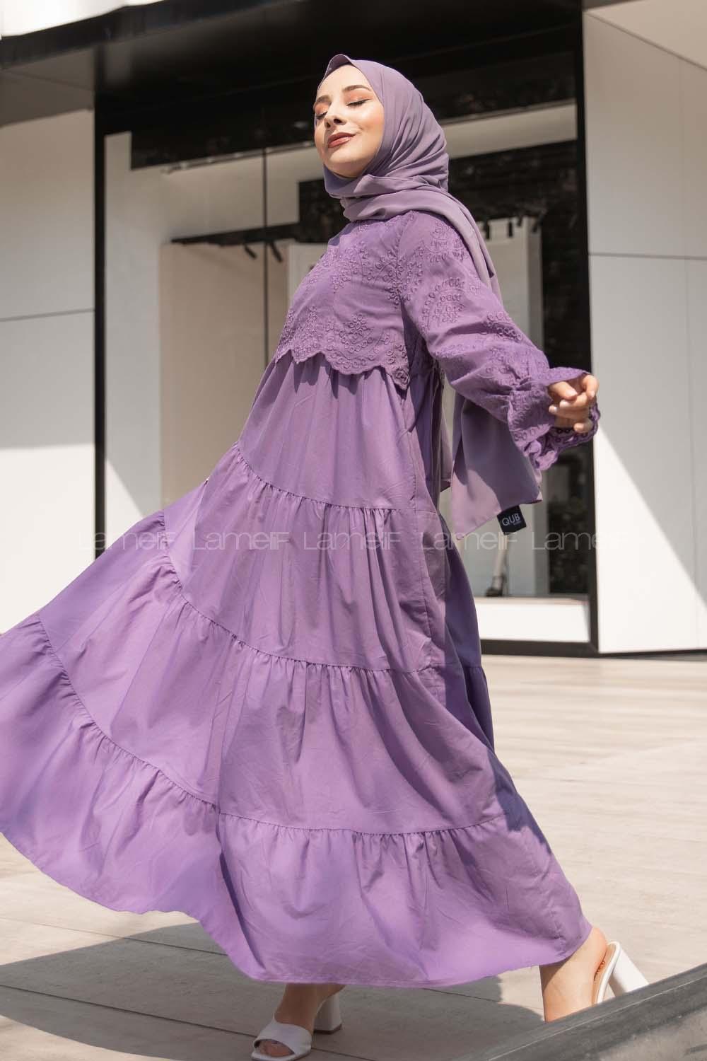 Modalamelif Kol Lastik Nakışlı Elbise Mor