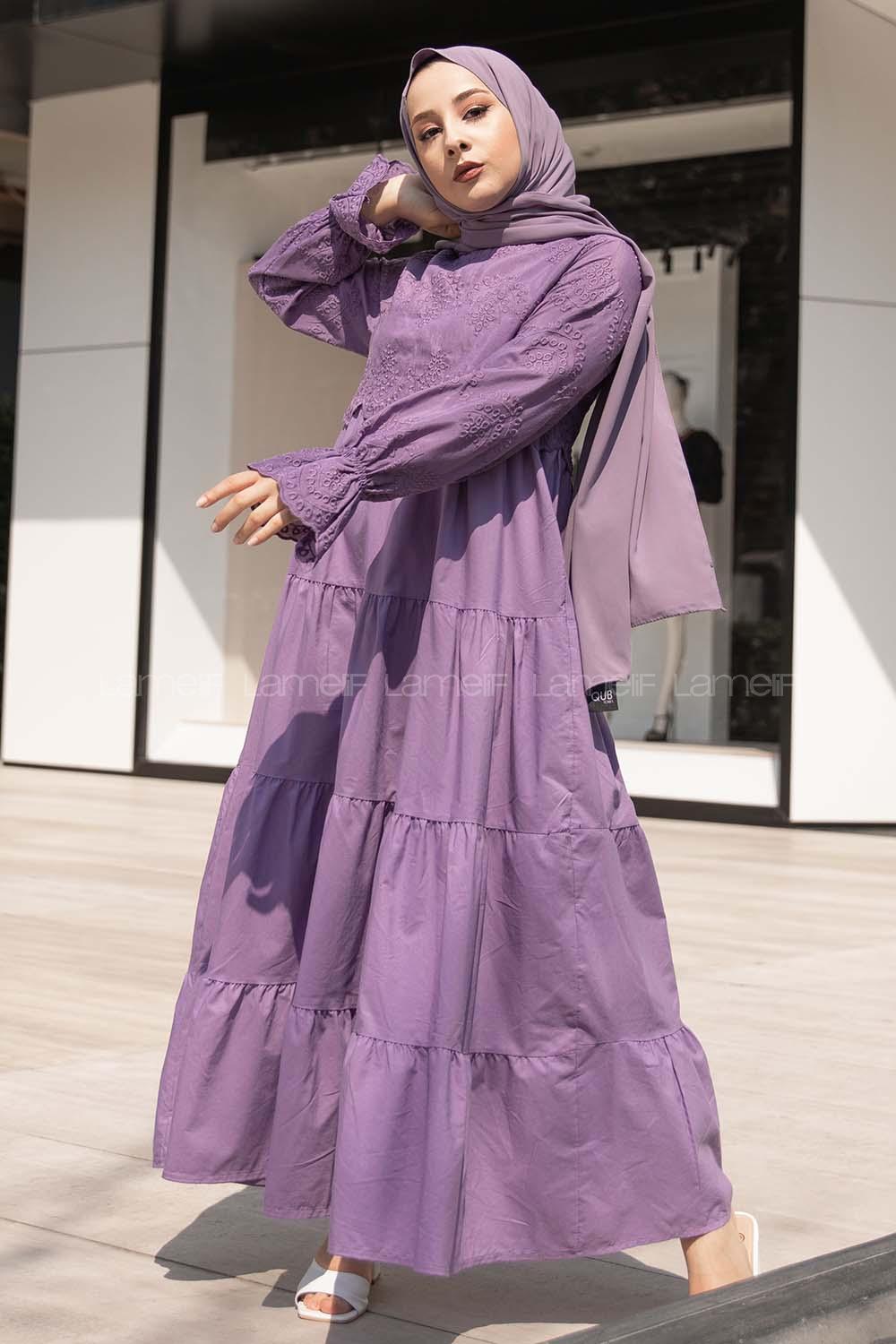 Modalamelif Kol Lastik Nakışlı Elbise Mor