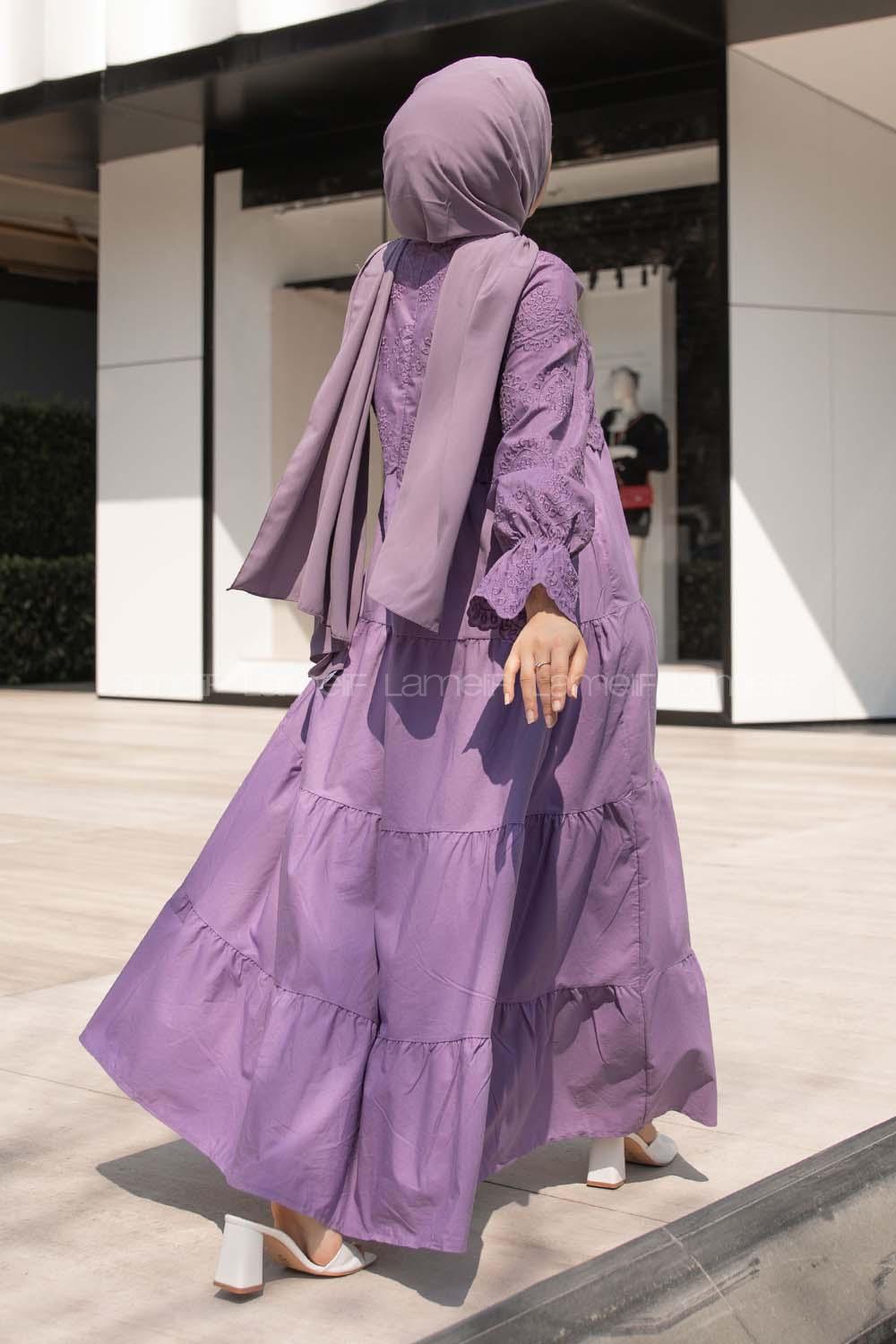 Modalamelif Kol Lastik Nakışlı Elbise Mor