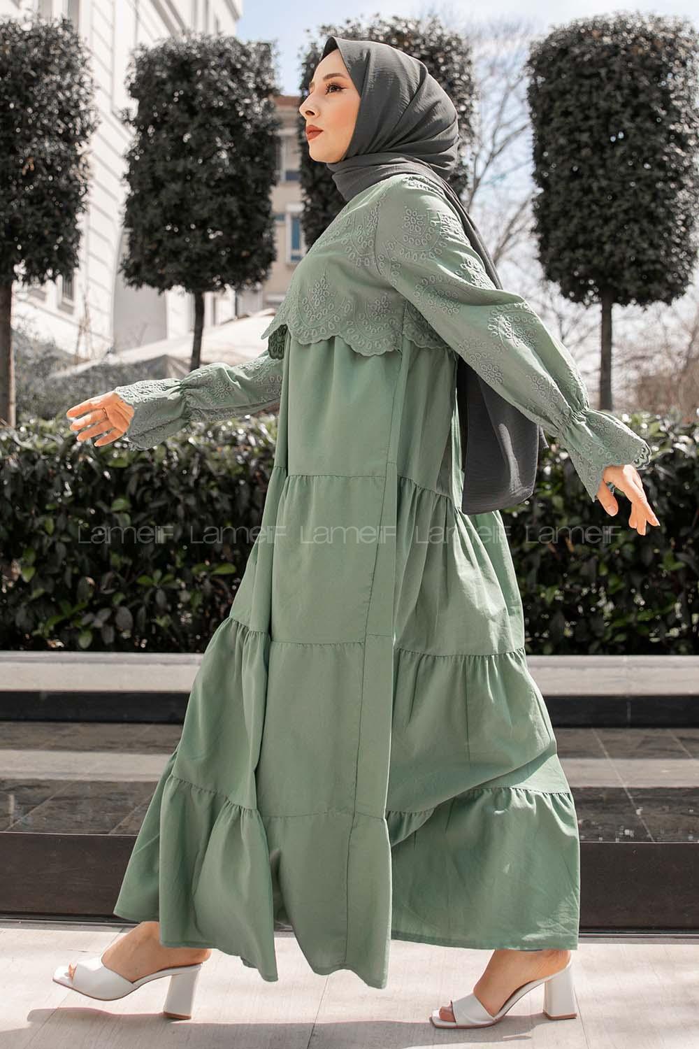 Modalamelif Kol Lastik Nakışlı Elbise Pastel Yeşili