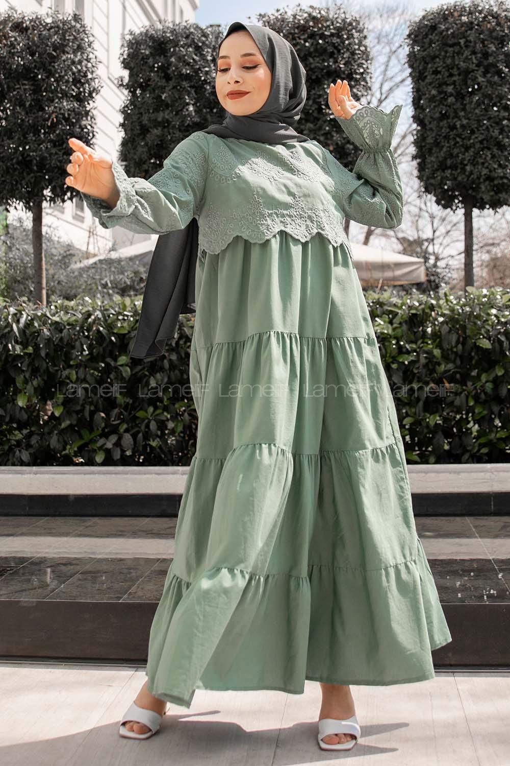 Modalamelif Kol Lastik Nakışlı Elbise Pastel Yeşili