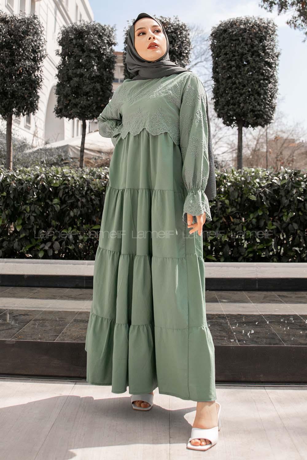 Modalamelif Kol Lastik Nakışlı Elbise Pastel Yeşili