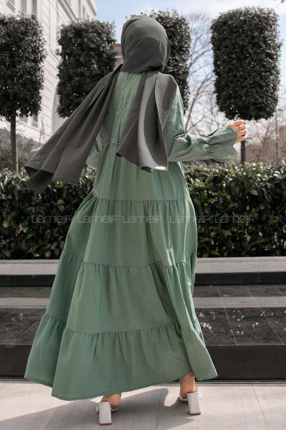 Modalamelif Kol Lastik Nakışlı Elbise Pastel Yeşili