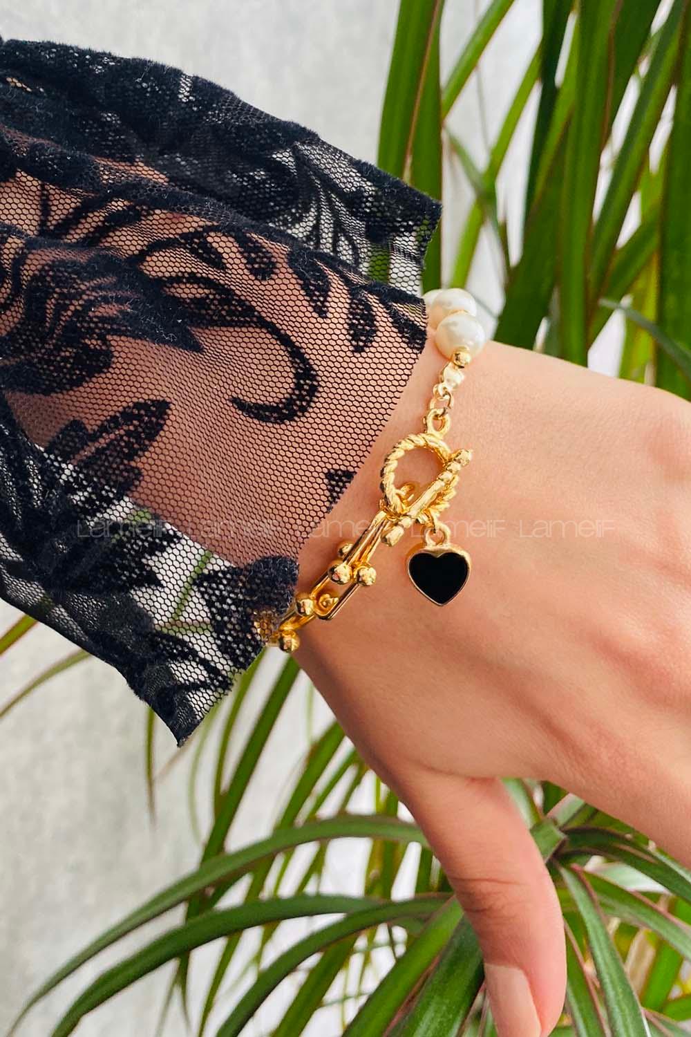 Modalamelif Özel Tasarım İnci Zincir Kalp Bileklik