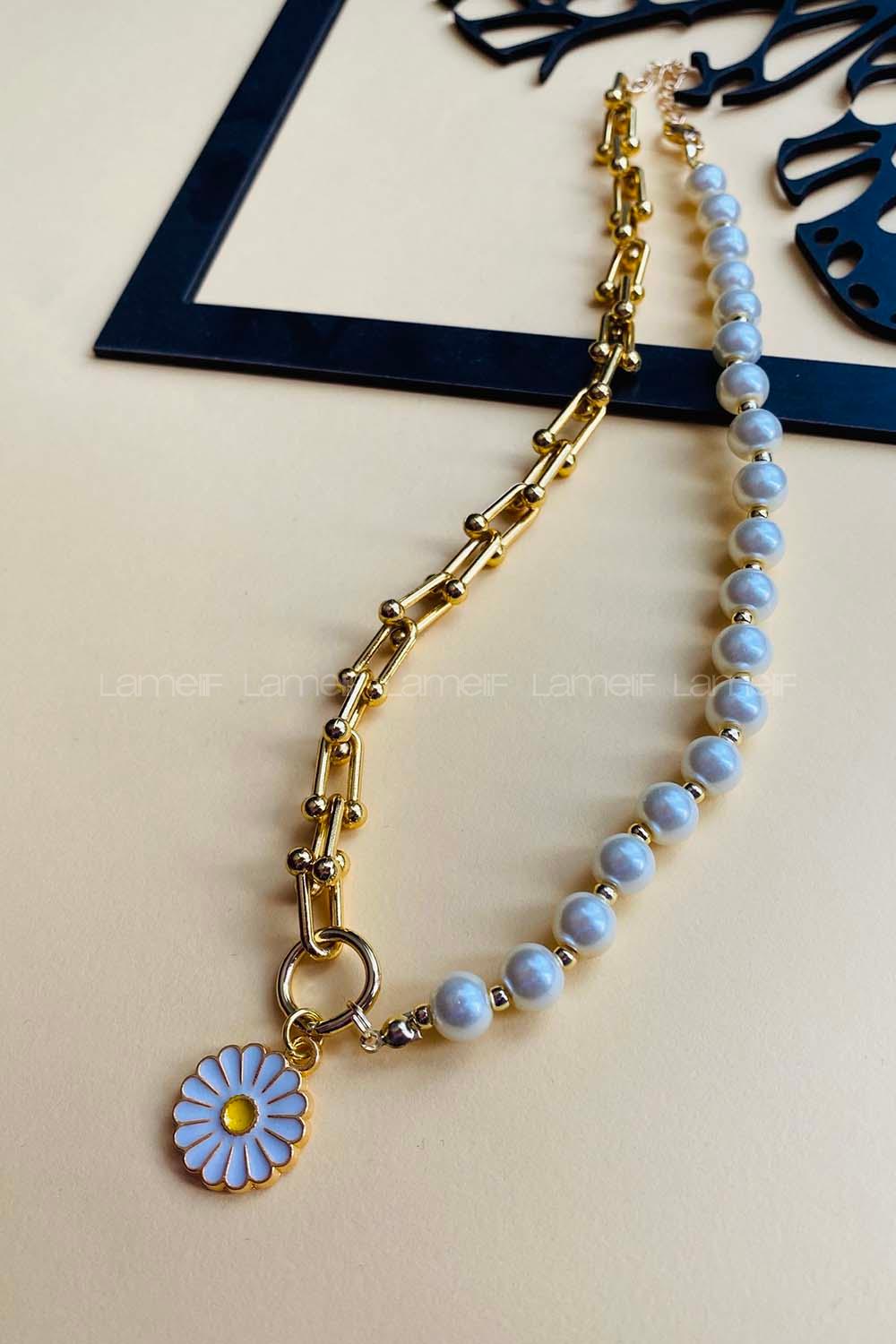 Modalamelif Özel Tasarım İnci Zincir Papatya Kolye