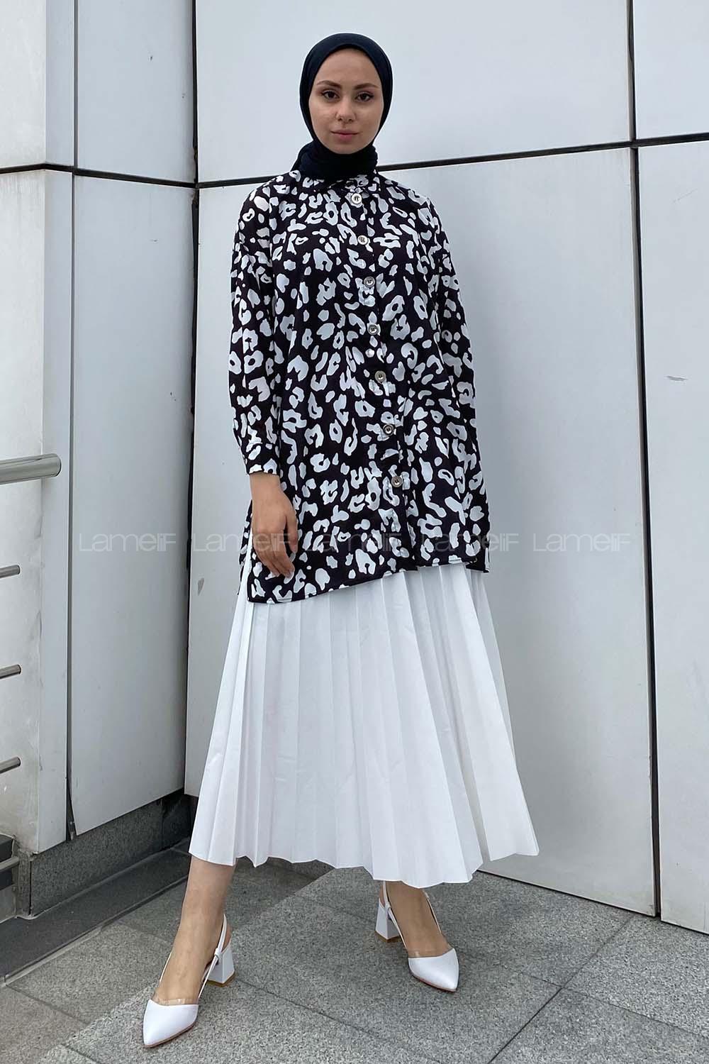 Modalamelif Soyut Desen Dijital Baskı Gömlek Siyah