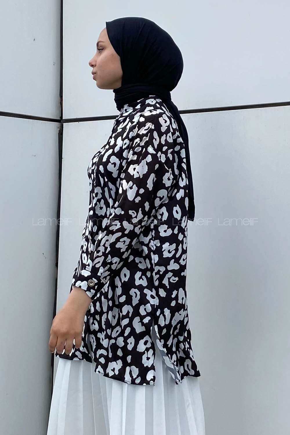 Modalamelif Soyut Desen Dijital Baskı Gömlek Siyah