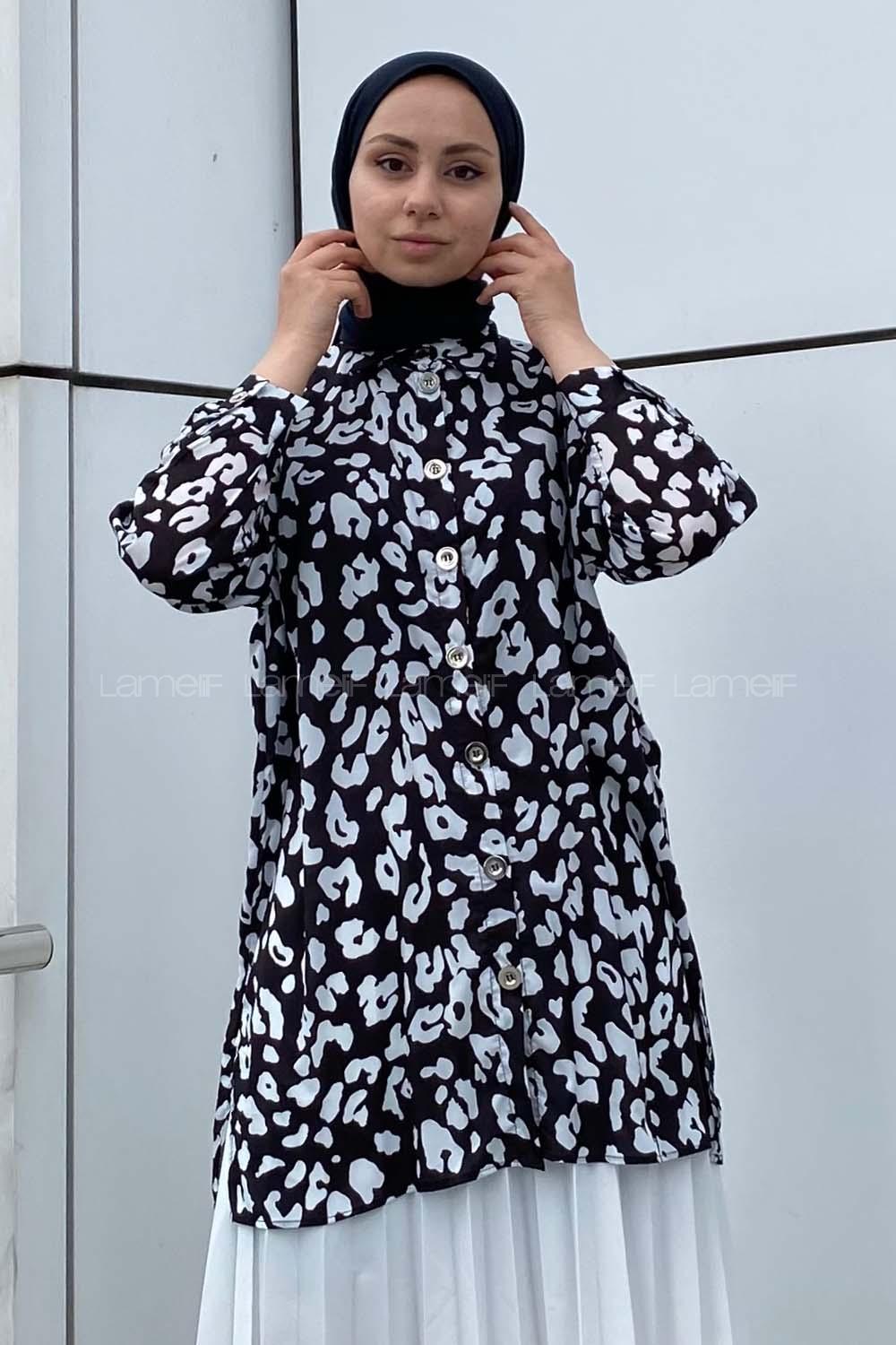 Modalamelif Soyut Desen Dijital Baskı Gömlek Siyah