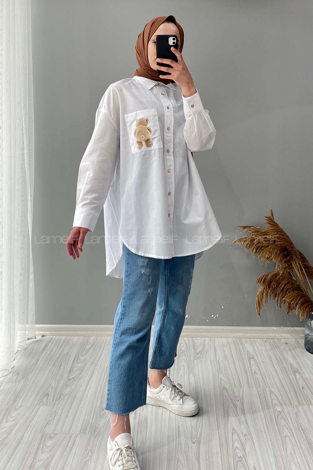 Modalamelif Tek Cep Ayıcık Baskılı Oversize Gömlek Ekru