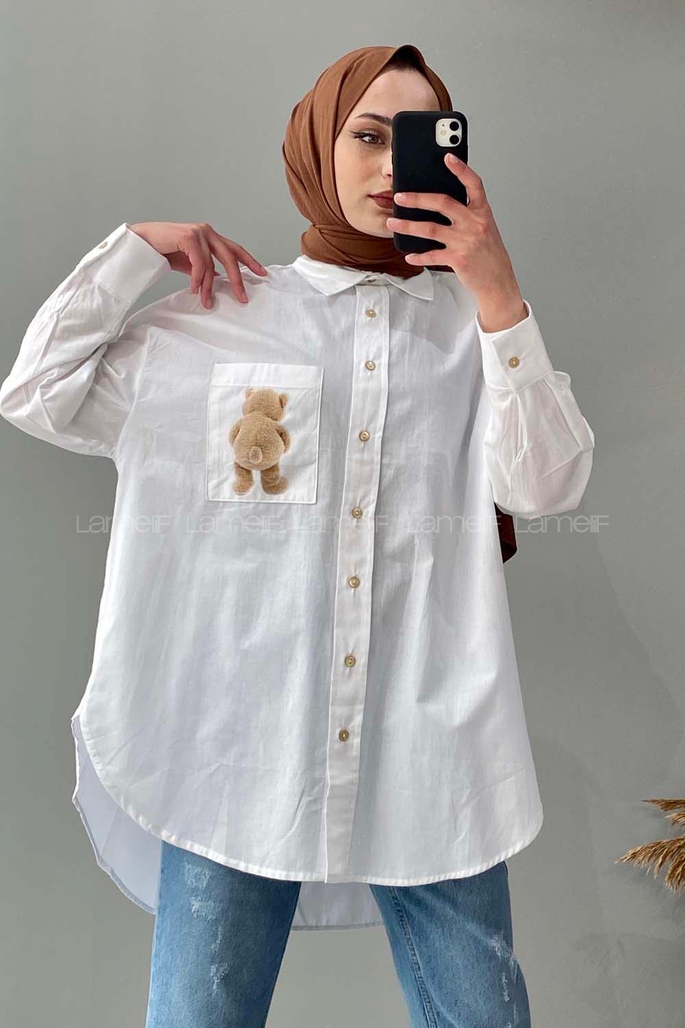 Modalamelif Tek Cep Ayıcık Baskılı Oversize Gömlek Ekru