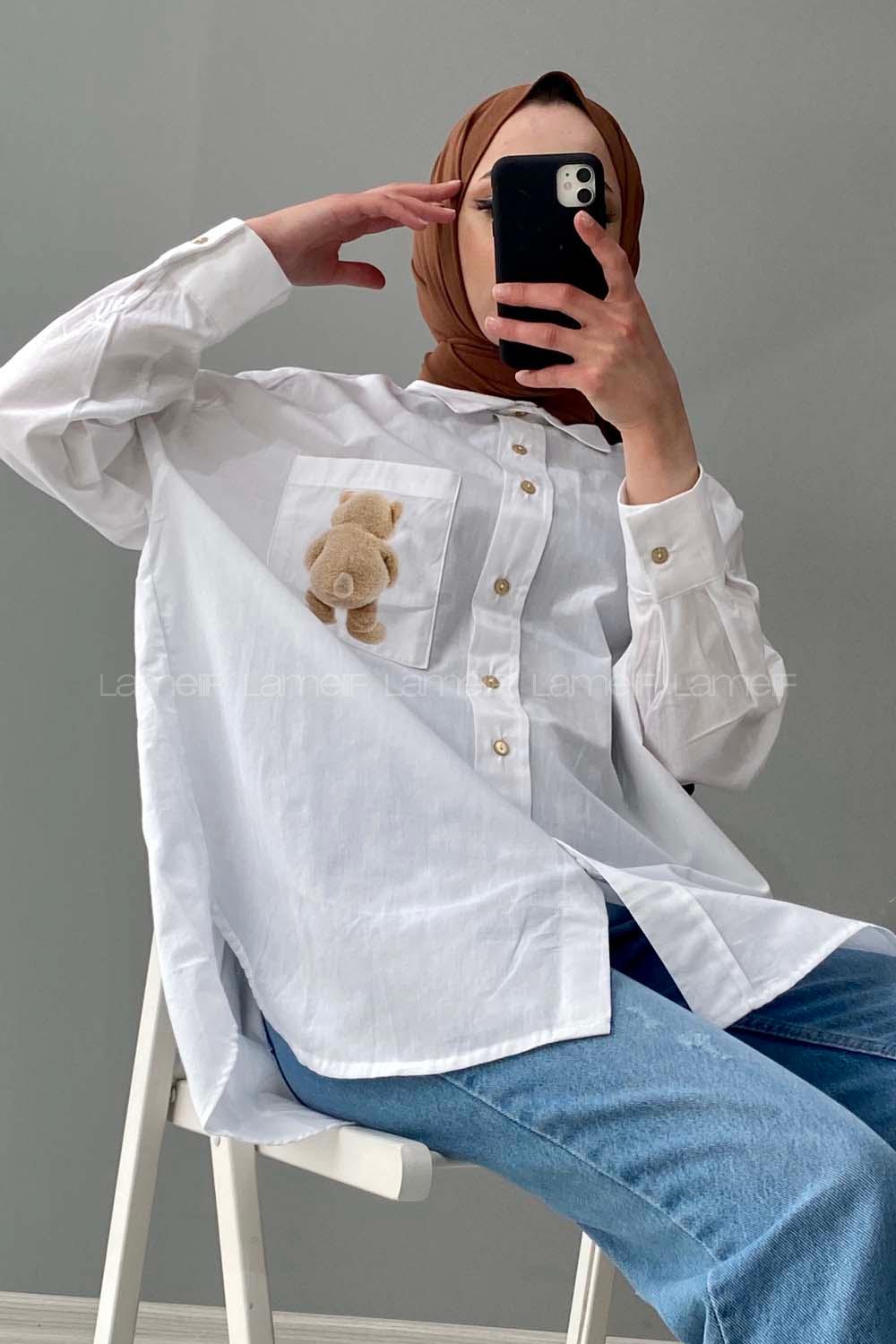 Modalamelif Tek Cep Ayıcık Baskılı Oversize Gömlek Ekru