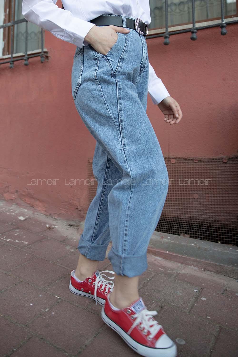 Modalamelif Yıkamalı Asimetrik Kesim Jean Buz Mavisi