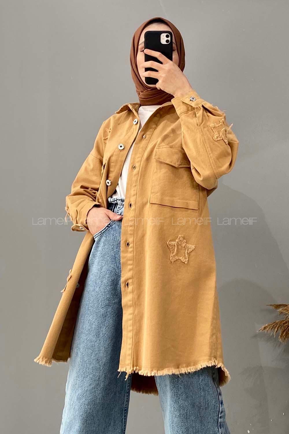 Modalamelif Yıldız Detaylı Kot Ceket Camel