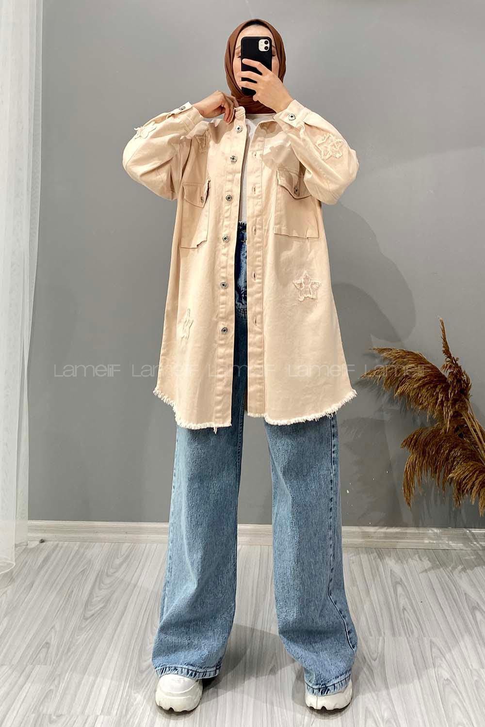 Modalamelif Yıldız Detaylı Kot Ceket Taş Rengi