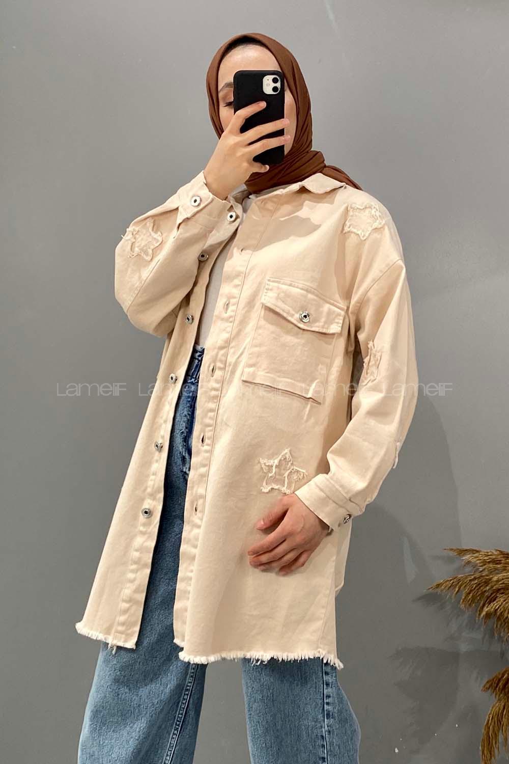 Modalamelif Yıldız Detaylı Kot Ceket Taş Rengi