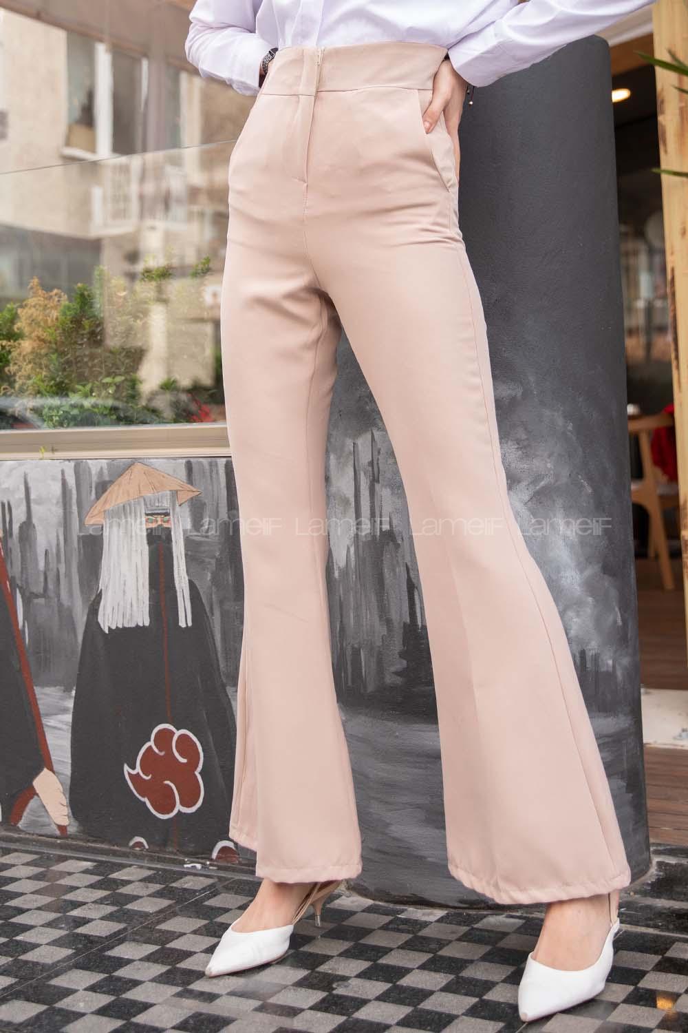Modalamelif Yüksek Bel İspanyol Paça Pantolon Bej