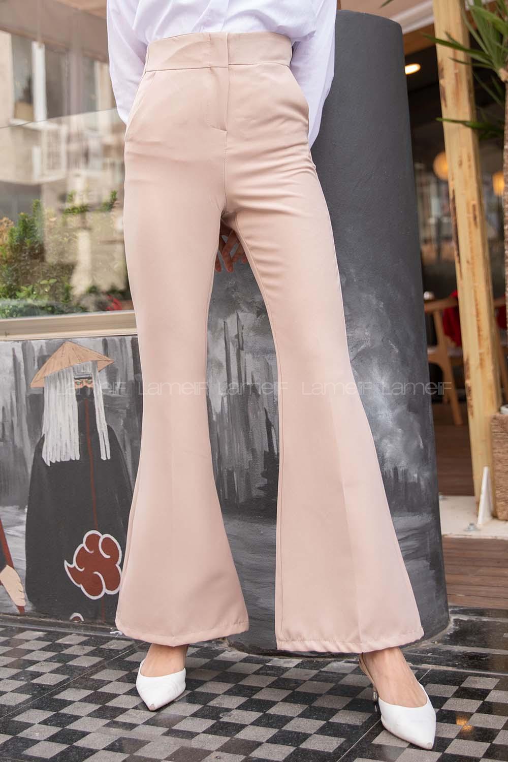 Modalamelif Yüksek Bel İspanyol Paça Pantolon Bej