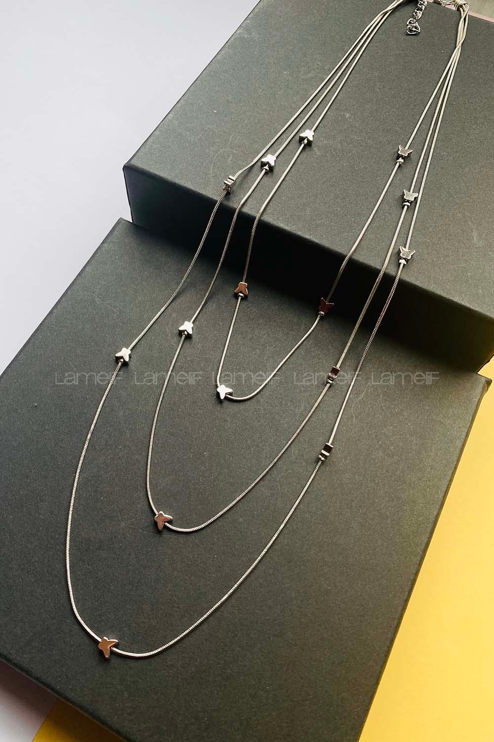 Modalamelif 3lü İtalyan Zincir Kelebekli Gümüş Kolye