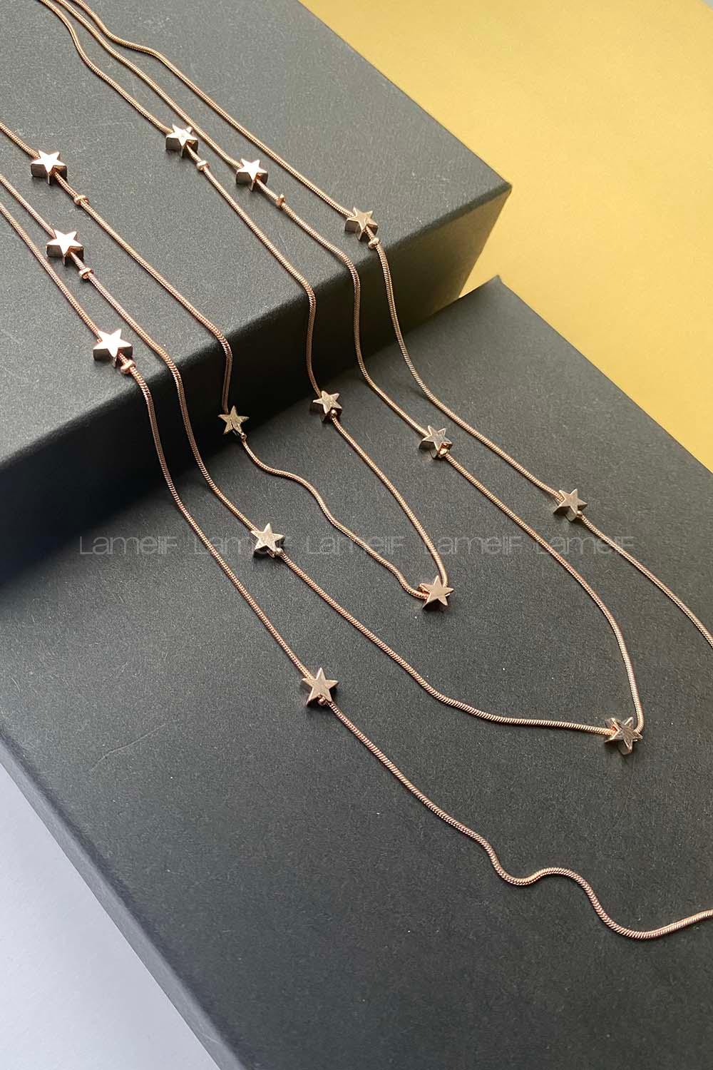 Modalamelif 3lü İtalyan Zincir Yıldızlı Rose Gold Kolye