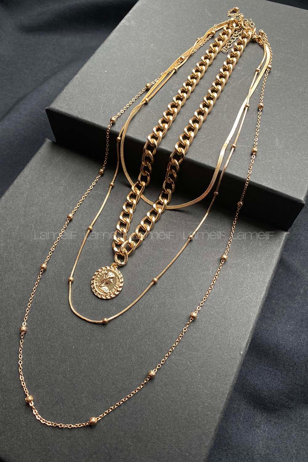 Modalamelif 4lü İtalyan Zincir Gold Madalyon Kolye