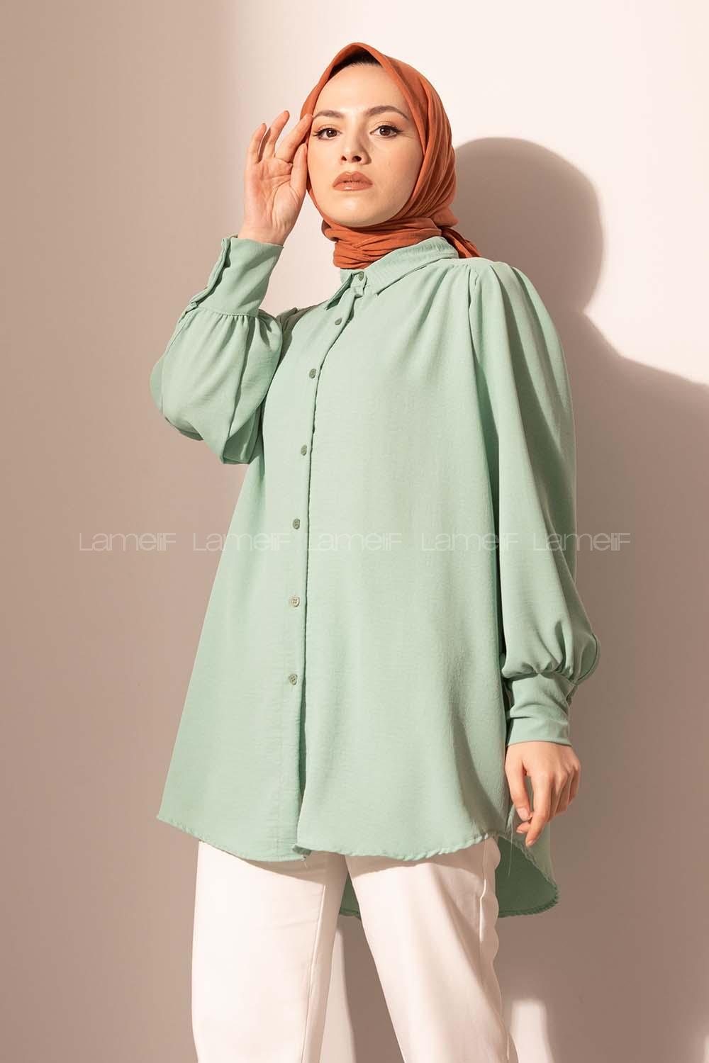 Modalamelif Balon Kol Ayrobin Gömlek Pastel Yeşili