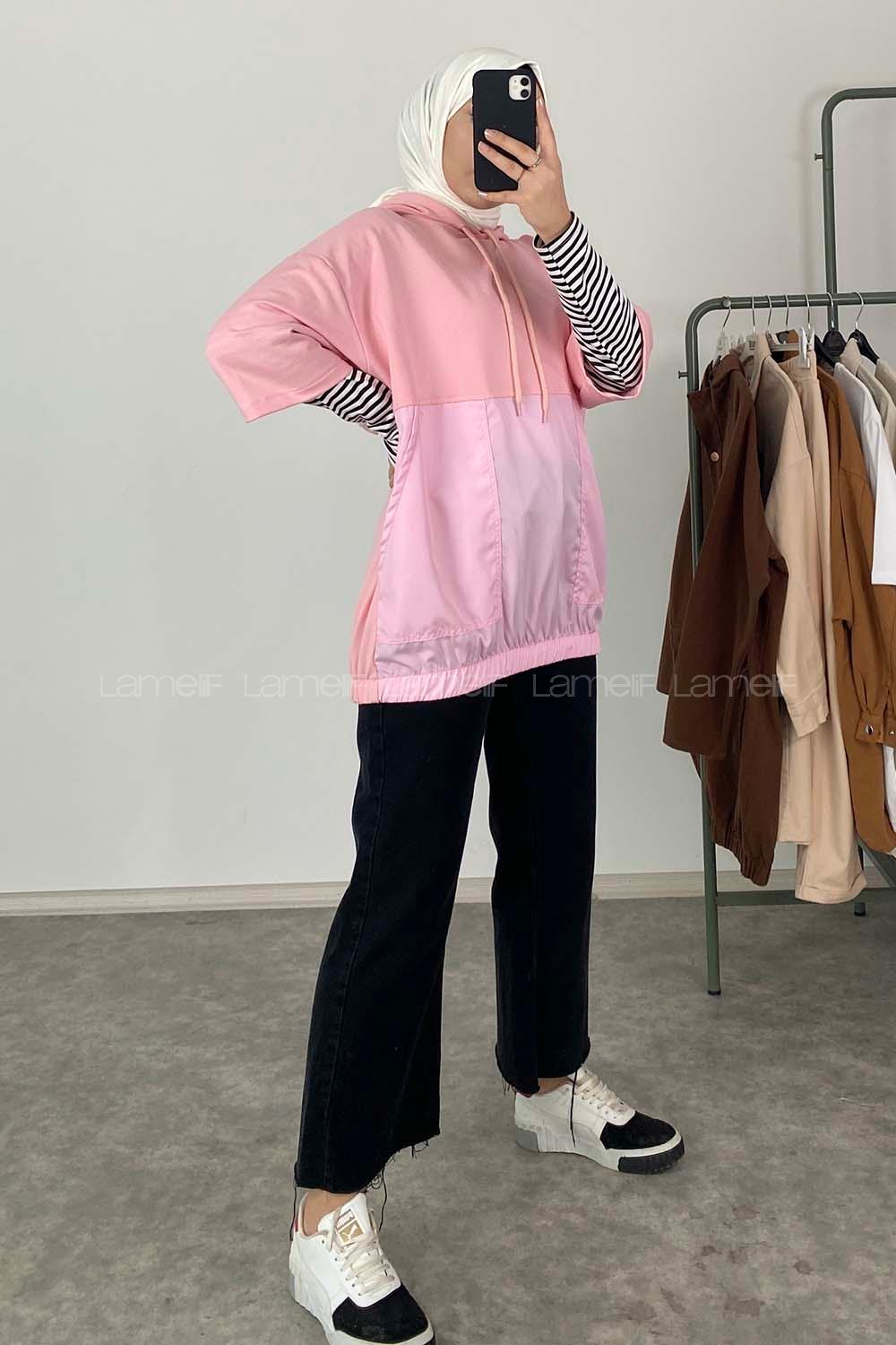 Modalamelif Bel Lastikli Kapşonlu T-Shirt Pembe