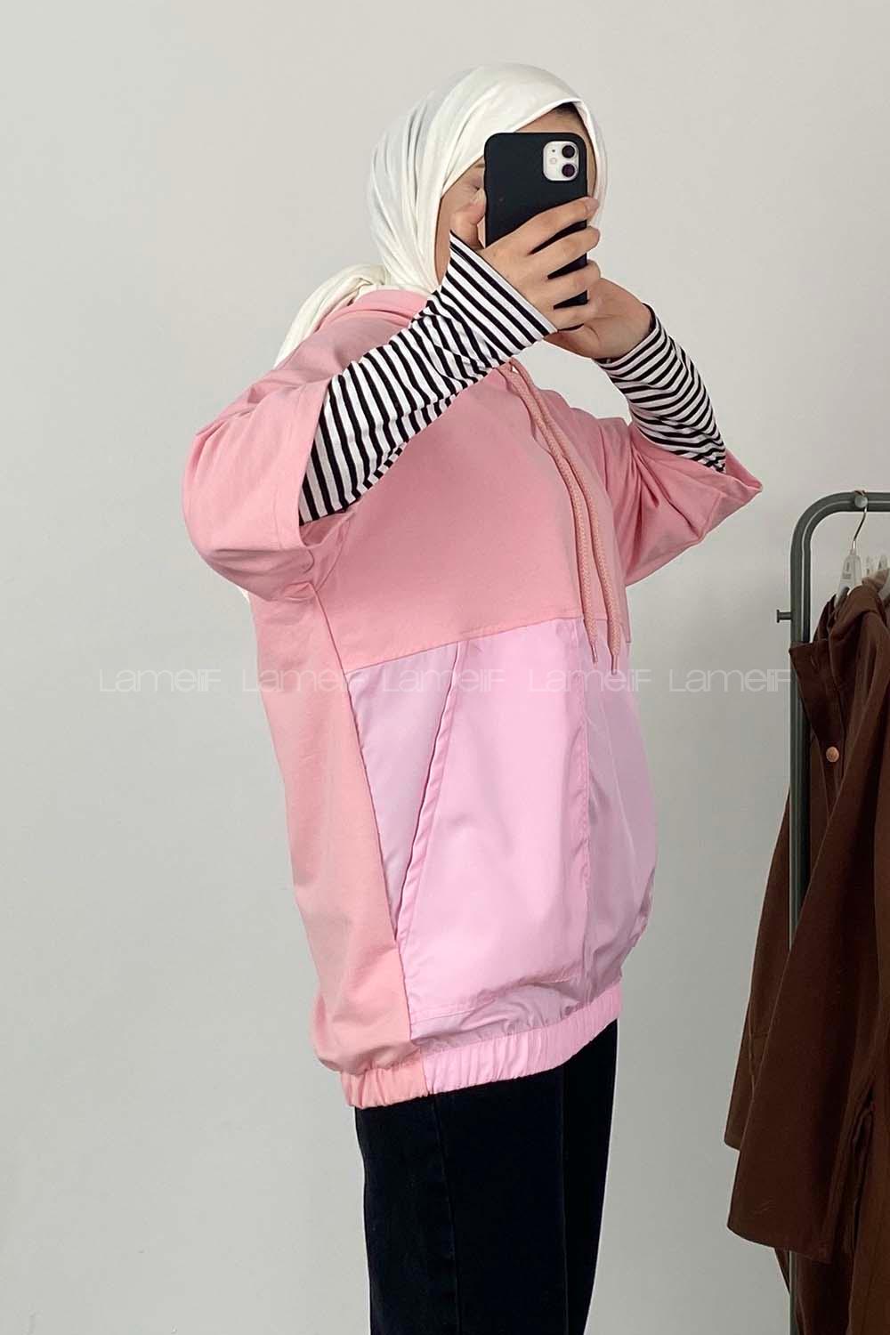 Modalamelif Bel Lastikli Kapşonlu T-Shirt Pembe