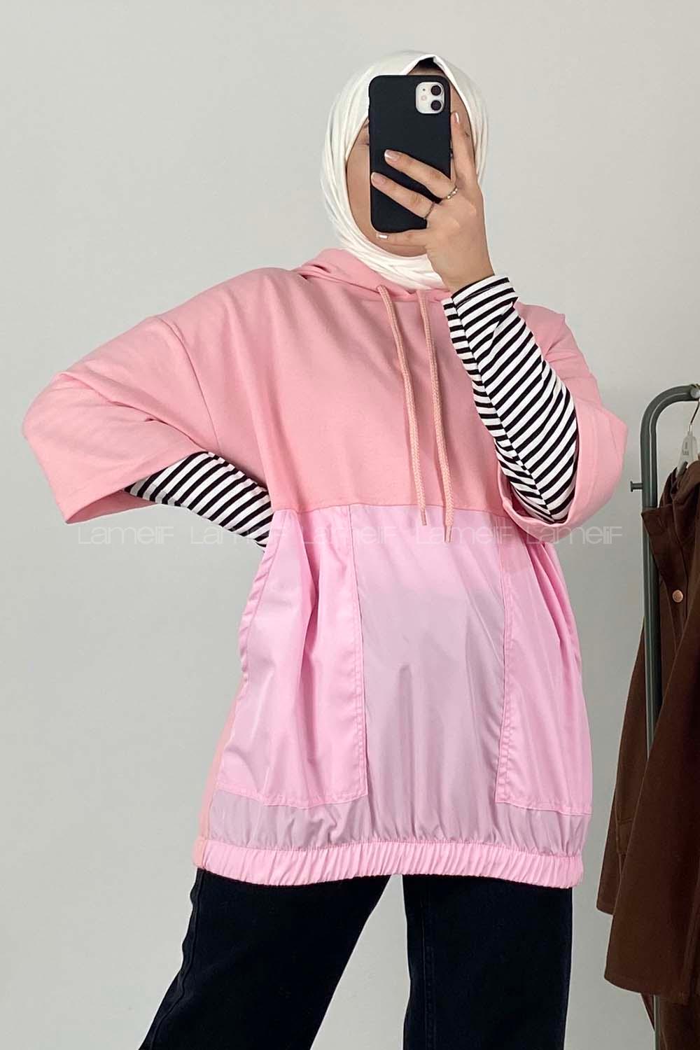 Modalamelif Bel Lastikli Kapşonlu T-Shirt Pembe