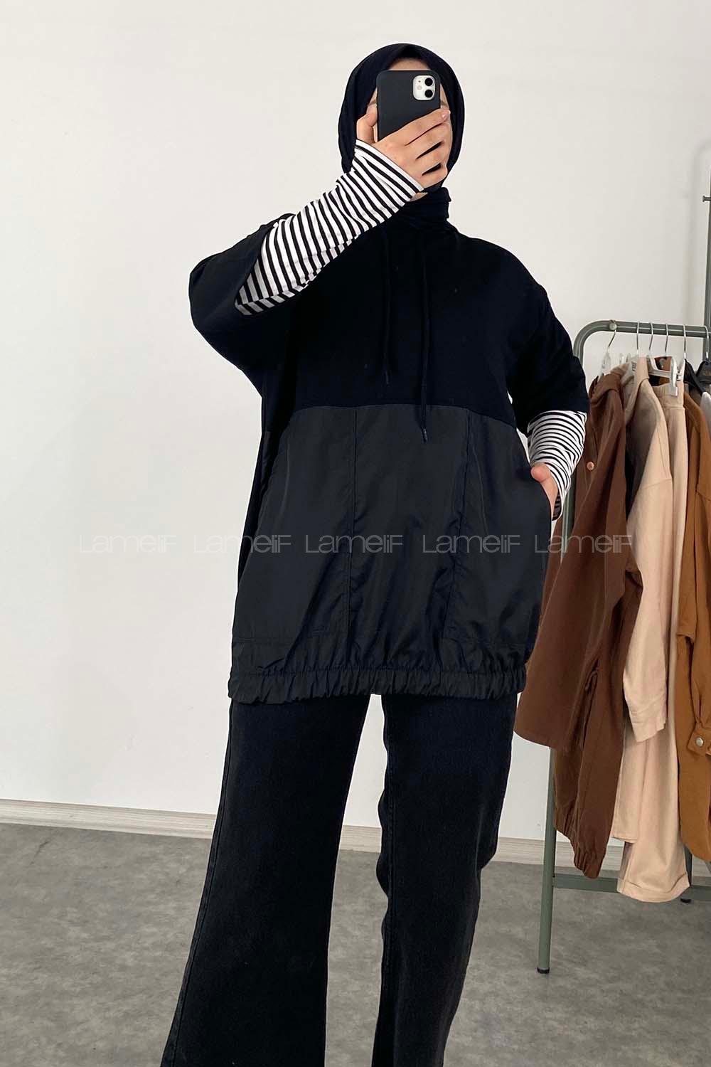 Modalamelif Bel Lastikli Kapşonlu T-Shirt Siyah