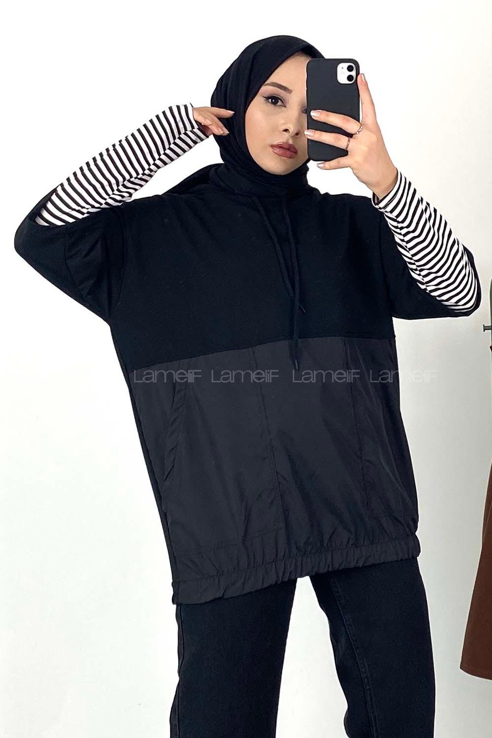 Modalamelif Bel Lastikli Kapşonlu T-Shirt Siyah