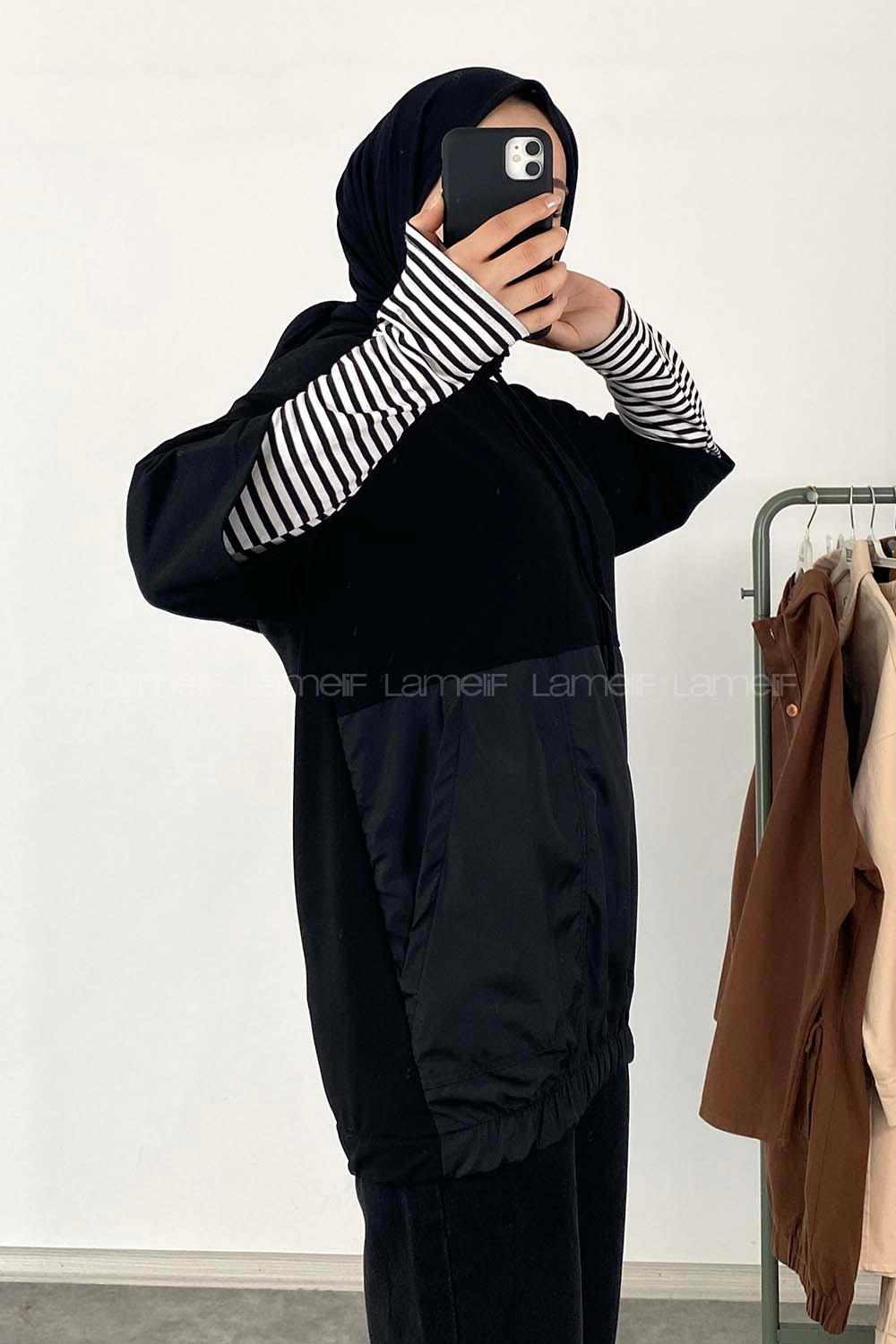 Modalamelif Bel Lastikli Kapşonlu T-Shirt Siyah