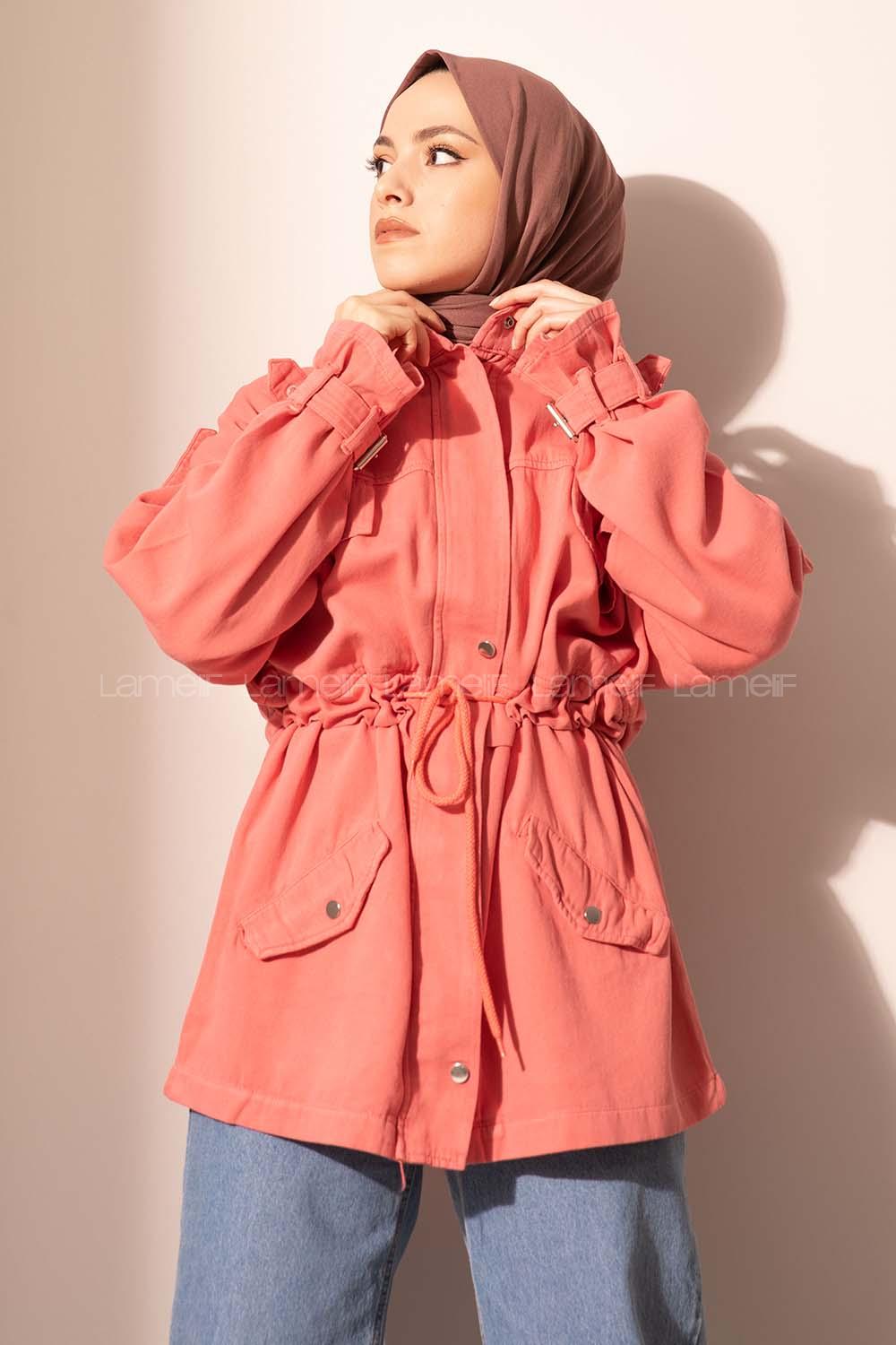 Modalamelif Beli Bağcıklı Kol Gabardin Ceket Gül