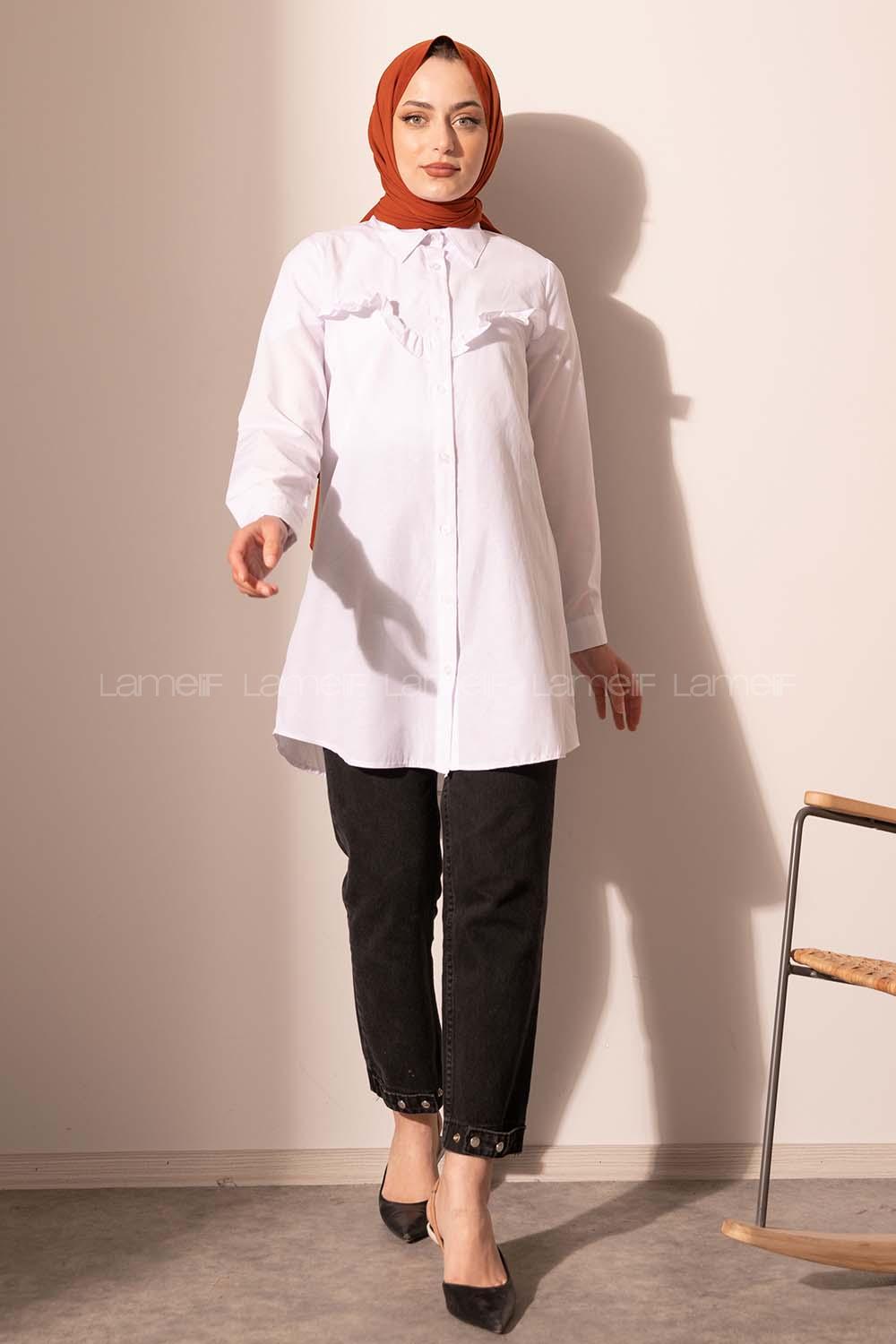 Modalamelif Boydan Düğmeli Fırfırlı Gömlek Ekru