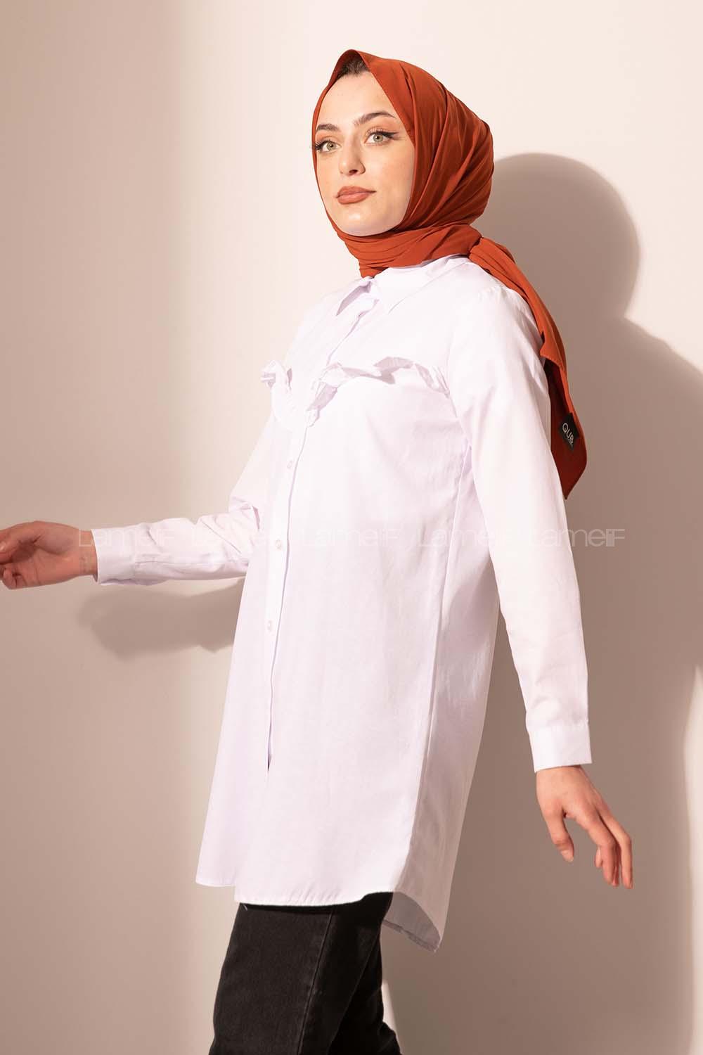 Modalamelif Boydan Düğmeli Fırfırlı Gömlek Ekru