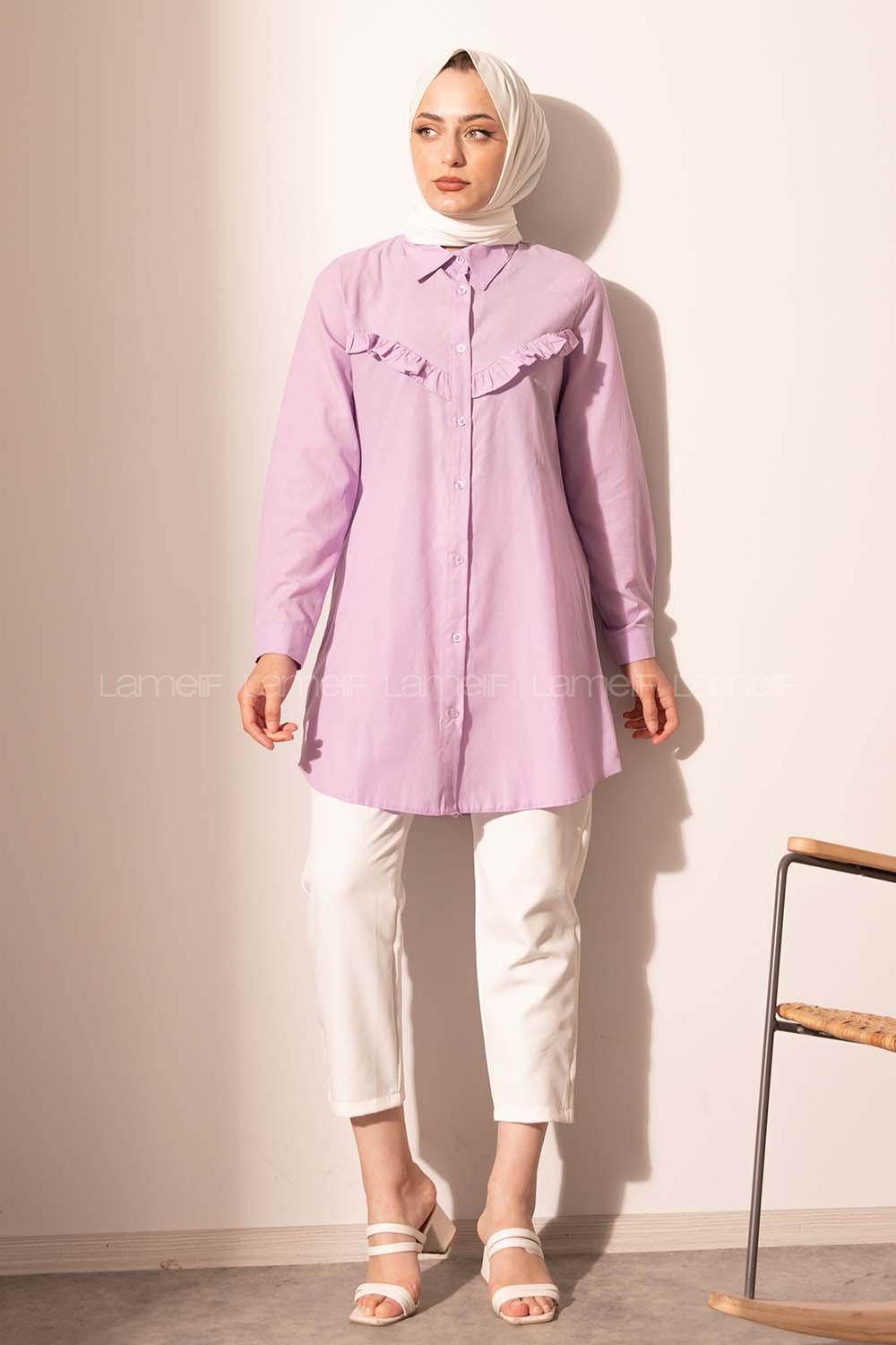 Modalamelif Boydan Düğmeli Fırfırlı Gömlek Lila