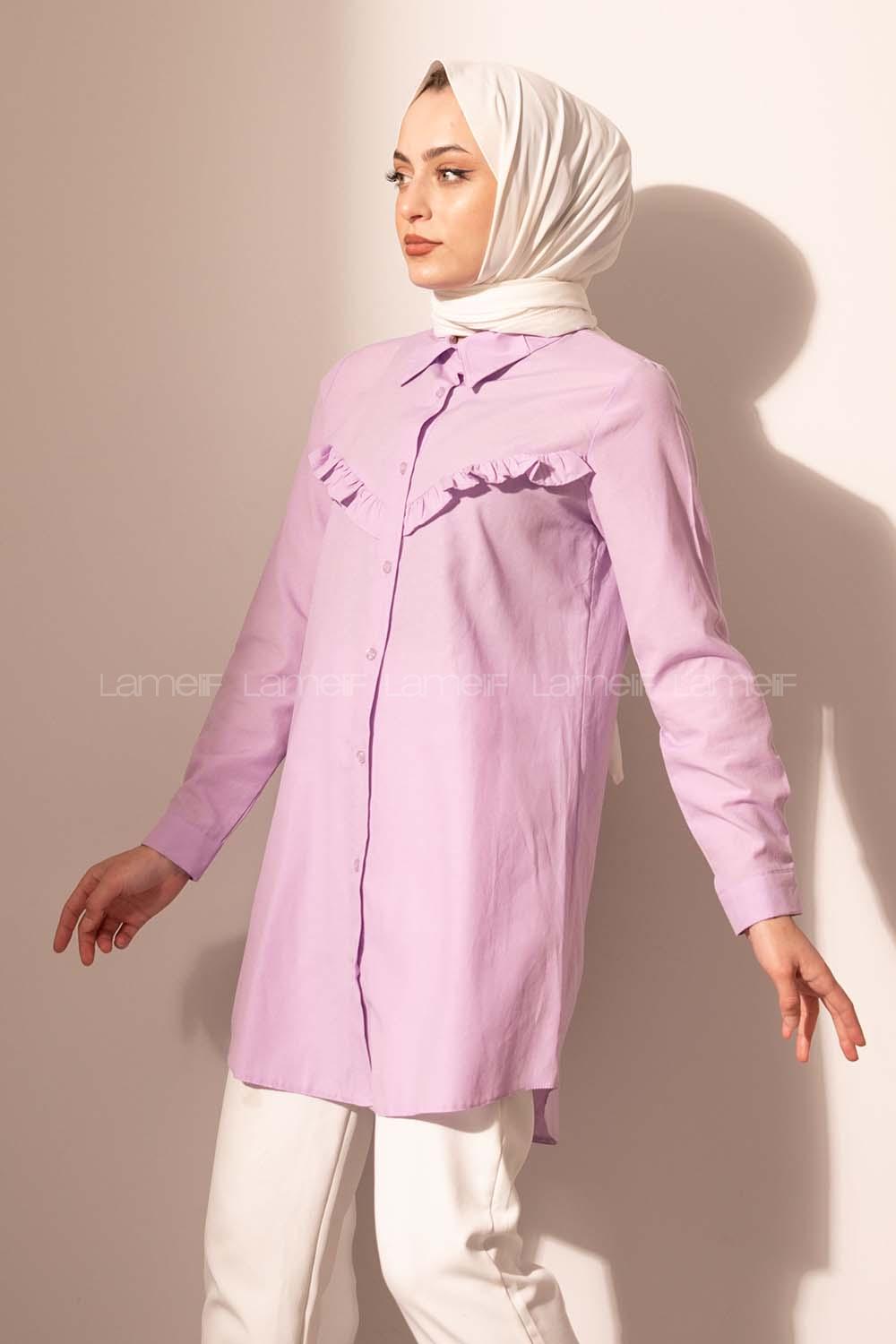 Modalamelif Boydan Düğmeli Fırfırlı Gömlek Lila