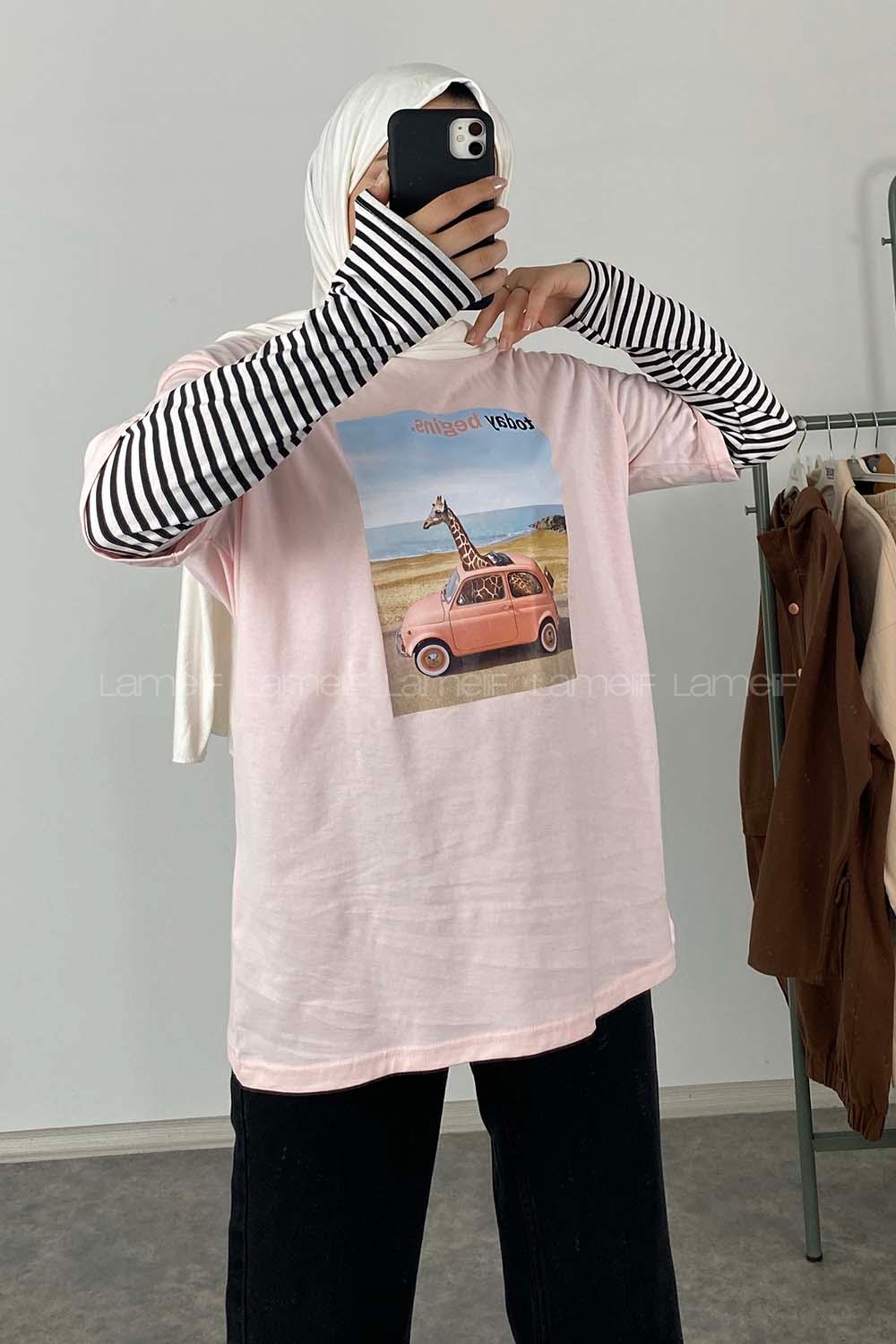 Modalamelif Car Baskılı Oversize T-Shirt Pudra